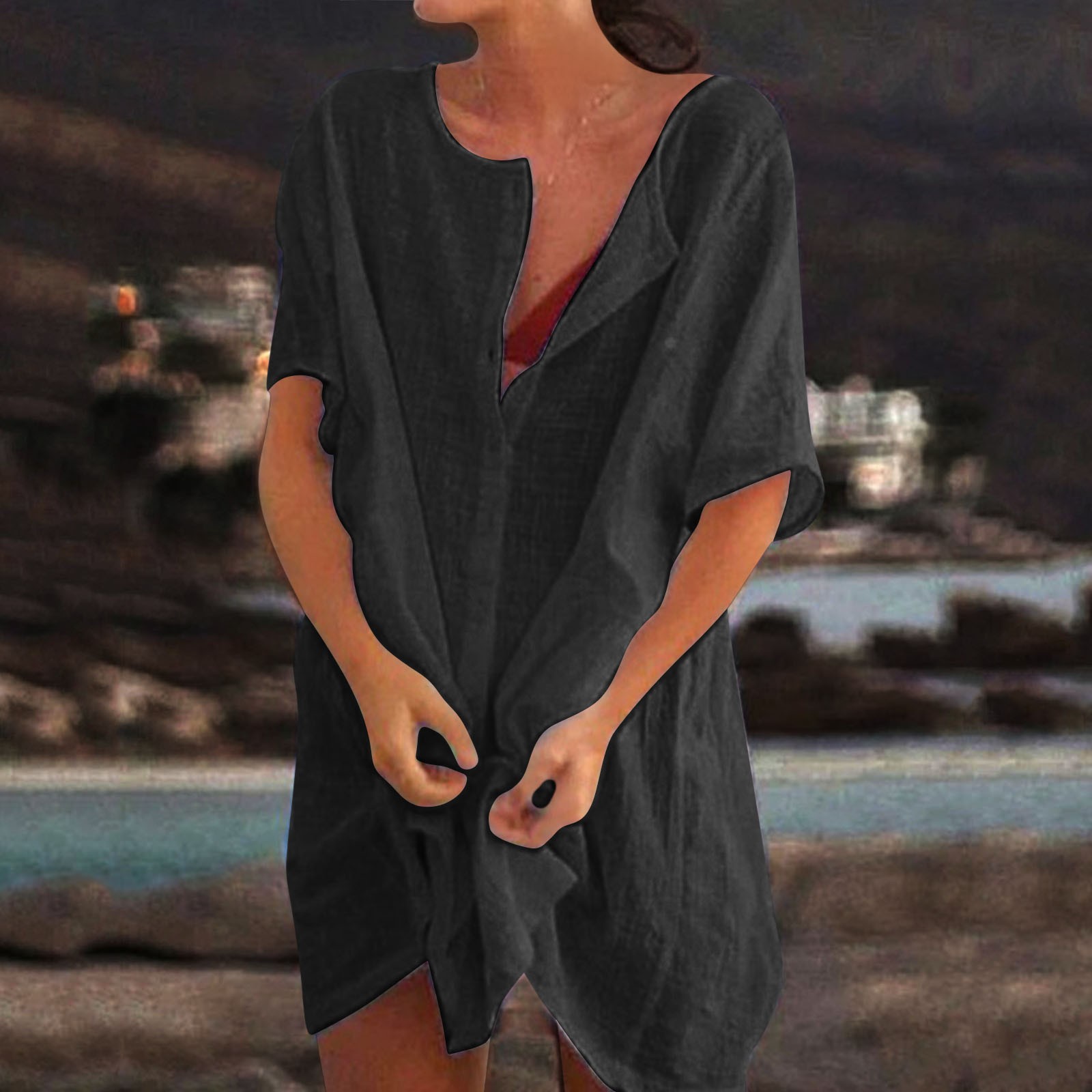 thumbnail image 2 of Vestido camisero de manga corta con cuello en V para mujer: elegante vestido holgado de color liso para todas las estaciones (S-XXXXXL), 2 of 5
